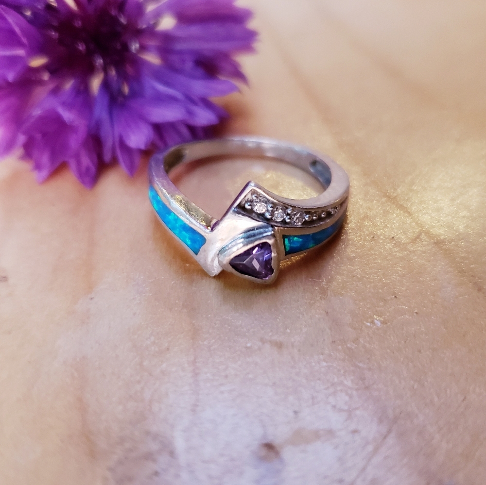 Signed 925 Sterling Silver Opal Amethyst Ring